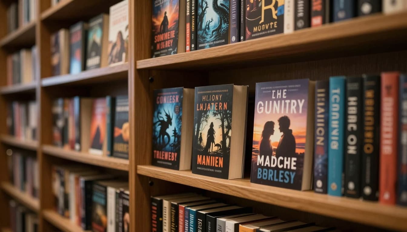 Hyperrealistic, photorealistic bookshelf in a cozy library displaying books from fantasy with dragons, thrillers with shadows, women's fiction, and a prominent romance novel. Soft lighting on wooden shelves creates an inviting, landscape-view atmosphere with no clear text on spines.
