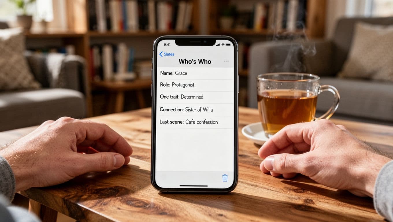 Photorealistic image of a smartphone screen showing a notes app with 'Who's Who' character list including Grace as protagonist, resting on a wooden table in a cozy living room with bookshelves and tea mug in soft focus.