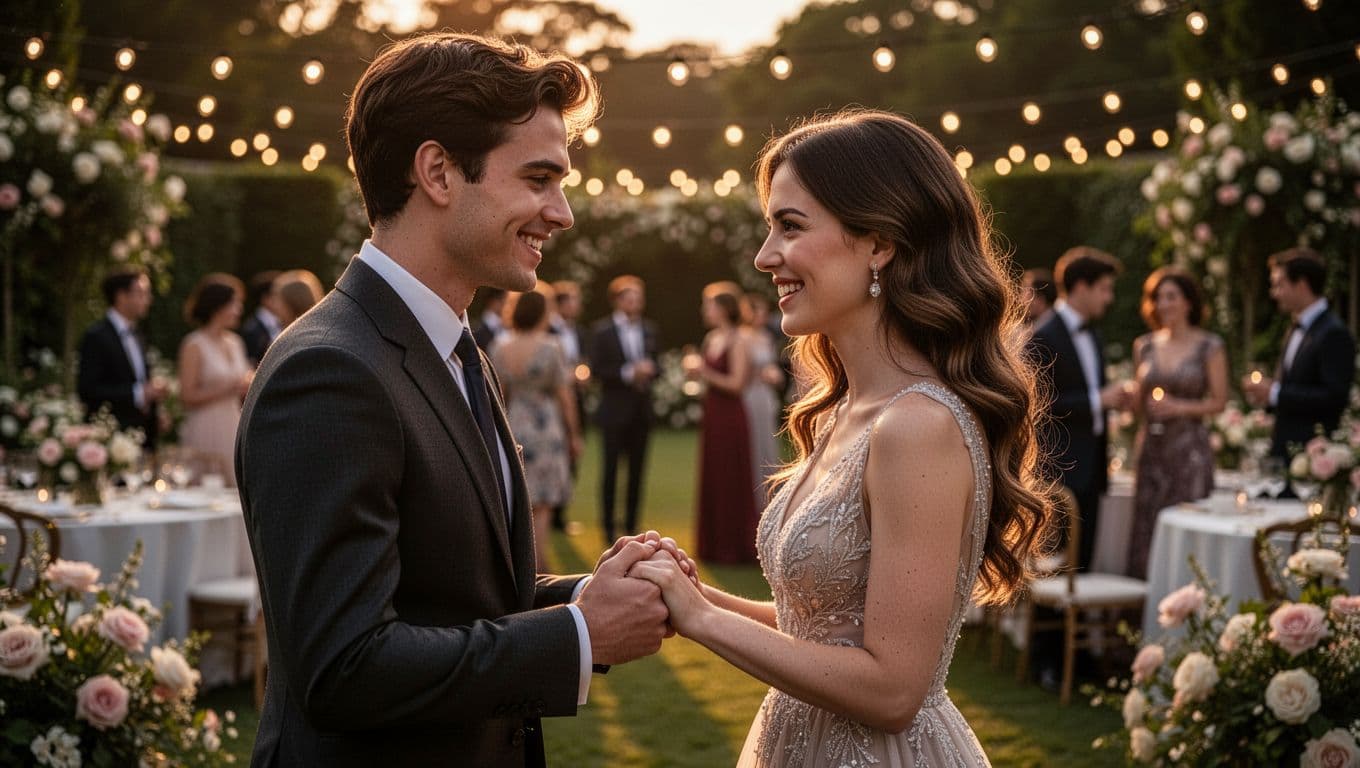 Hyperrealistic cinematic landscape of a young adult couple holding hands with eyes locked, blending performative smiles and genuine vulnerability at an evening outdoor garden party under golden hour lighting.
