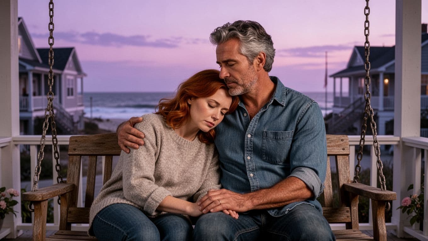 Hyperrealistic cinematic image of a mid-30s woman with warm auburn hair resting her head on the shoulder of a mid-40s man with salt-and-pepper hair on a wooden porch swing at dusk in a coastal small town home. They share vulnerability and comfort with a soft purple sky and ocean silhouette background, evoking emotional intimacy and serene hope.