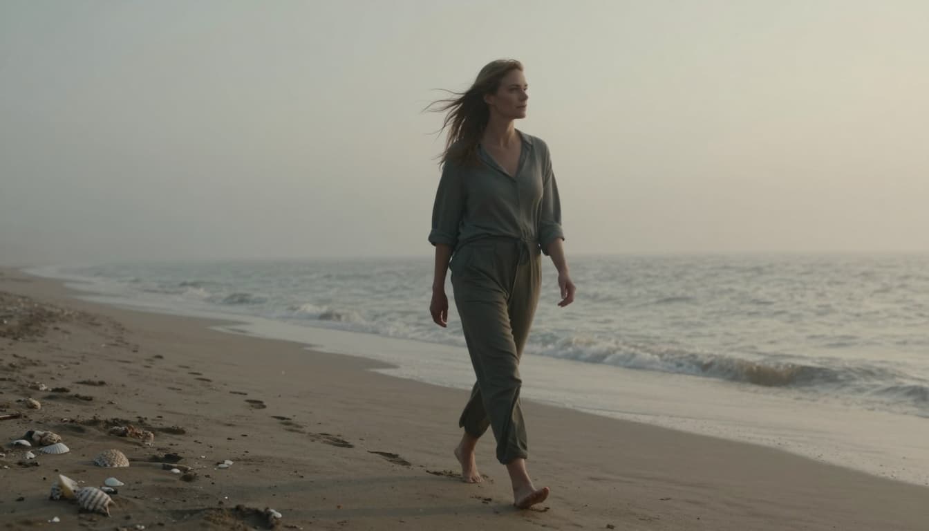 Hyperrealistic cinematic scene of a contemplative woman walking alone on a misty beach at dawn, wind tousling her hair, vast ocean ahead, detailed sand footprints, foreground seashells, and a peaceful emotional atmosphere.