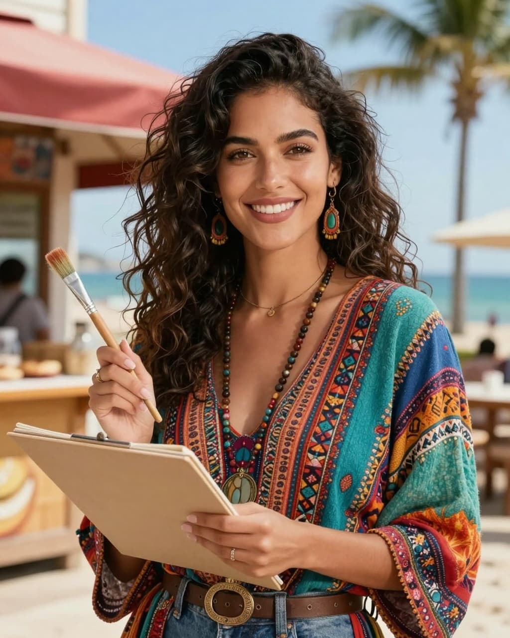 Hyperrealistic cinematic character portrait of Ivy, a bold artistic woman in her 20s-30s with wavy hair and colorful bohemian outfit, holding a paintbrush near a seaside bakery with palms, featuring a confident friendly smile and vibrant mood.