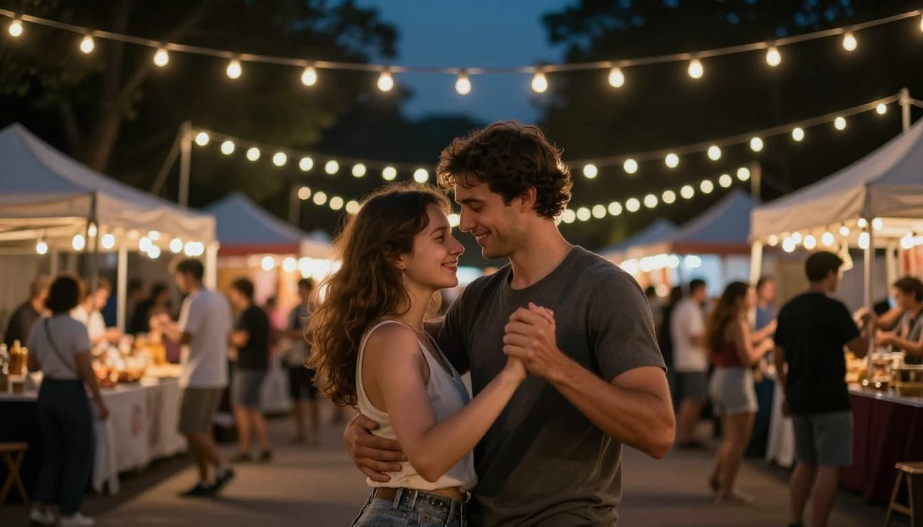 A joyful couple in their thirties slow dances closely at a small town summer festival at night under twinkling warm string lights with blurred food stalls and distant laughter in the background.