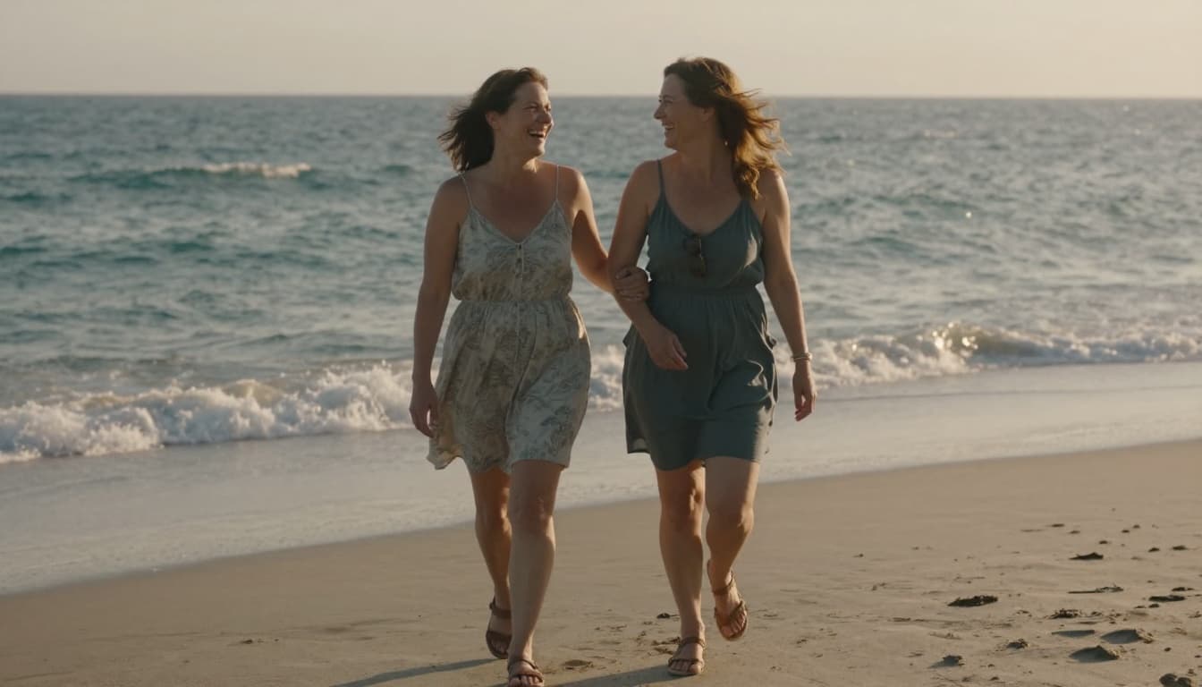 Hyperrealistic image of two women in their 40s walking arm-in-arm on a sunny beach at golden hour, laughing heartily with ocean waves and gentle breeze in the background, capturing deep friendship and emotional healing.