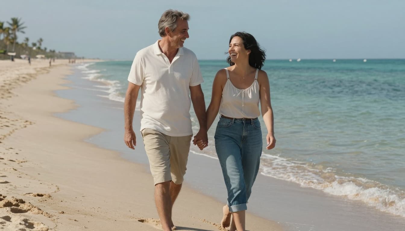 Hyperrealistic cinematic scene of a joyful couple in their 40s walking hand-in-hand along a sunny beach, laughing with visible wedding rings symbolizing long-term happiness, soft waves at their feet and distant palm trees.