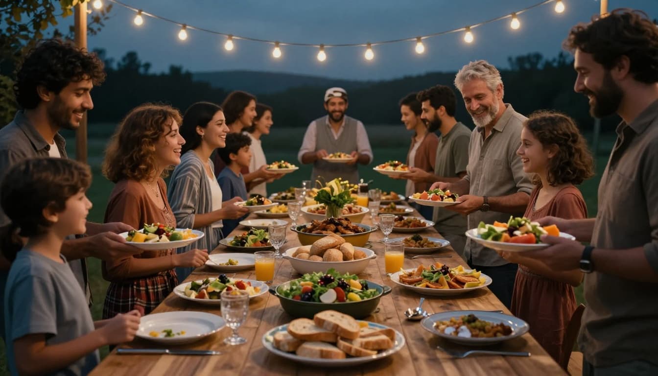 Hyperrealistic cinematic outdoor potluck scene featuring a long communal wooden table laden with colorful dishes, salads, breads, and casseroles. Diverse adults and families pass plates with smiles under string lights at dusk, evoking a joyful found family mood with detailed food textures and laughter.
