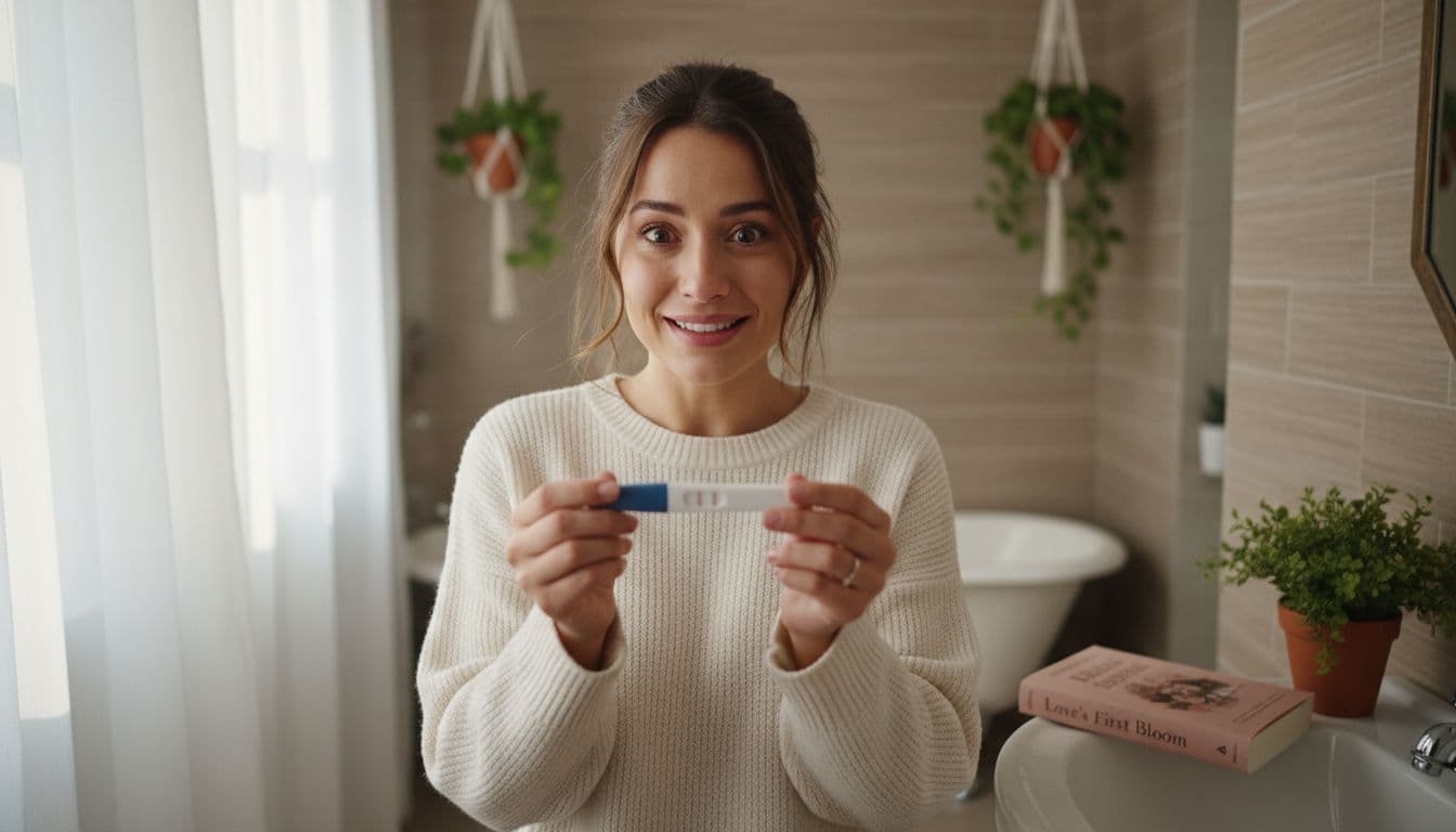 A young woman in a cozy bathroom holds a positive pregnancy test, her face showing surprise and joy amid soft morning light and warm tones.