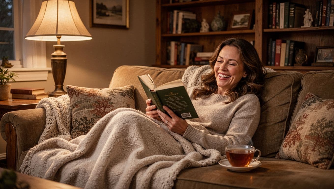 Hyperrealistic photorealistic image in cinematic Hallmark style of a cozy living room with a woman curled up on a sofa reading a book under warm lamp light, soft blanket and cup of tea nearby, bookshelves in background, uplifting joyful mood with detailed textures.