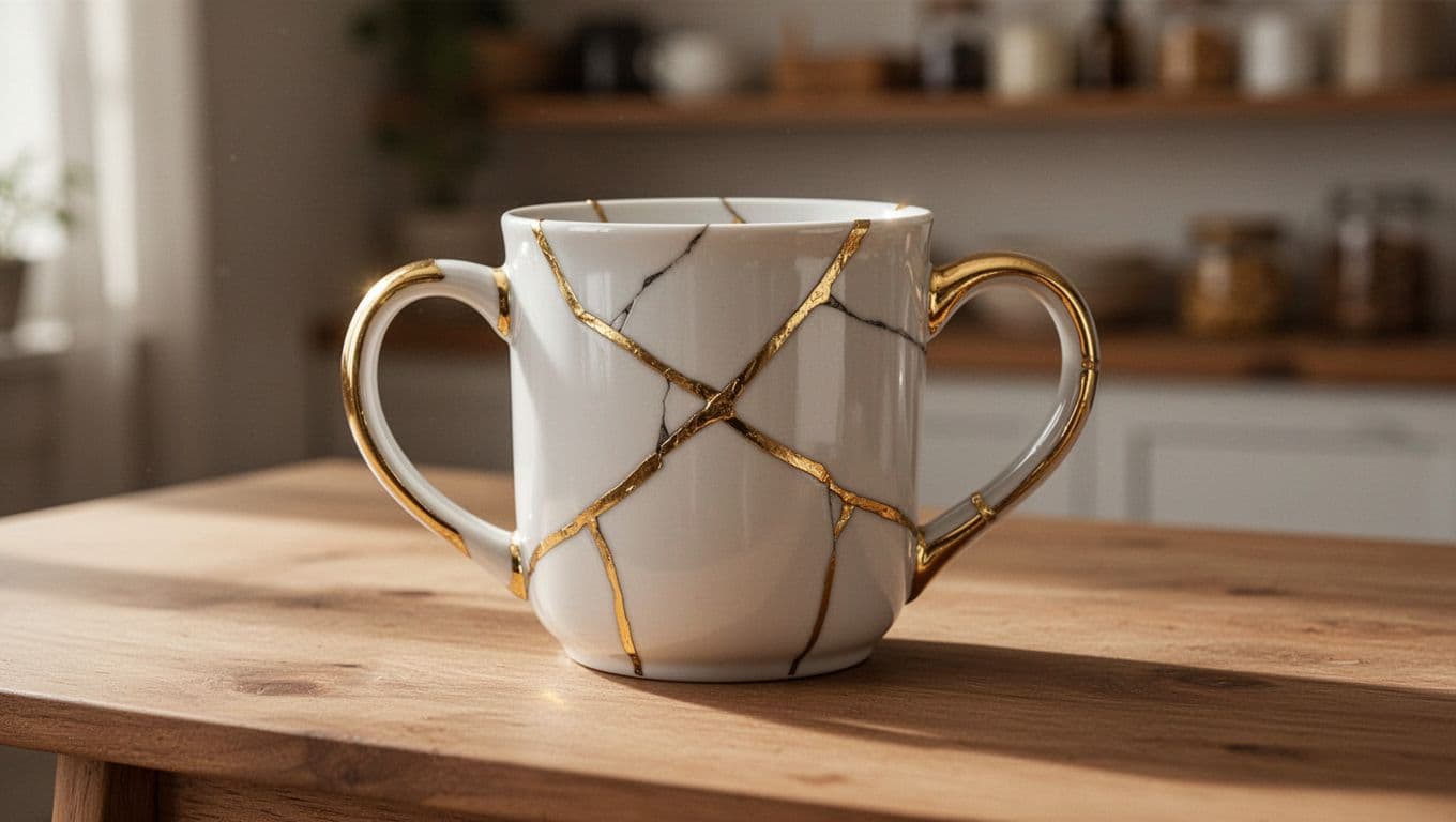 Hyperrealistic close-up of a white ceramic mug artfully repaired with visible gold seams in kintsugi style on a wooden table, soft natural light and blurred cozy kitchen background.