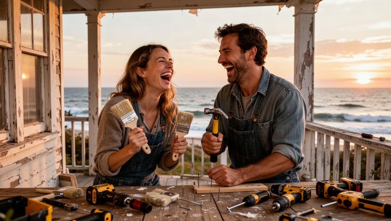 Hyperrealistic cinematic landscape of a man and woman in their 30s genuinely laughing while renovating an old coastal family home on a wooden porch with ocean view and golden hour sunset lighting.
