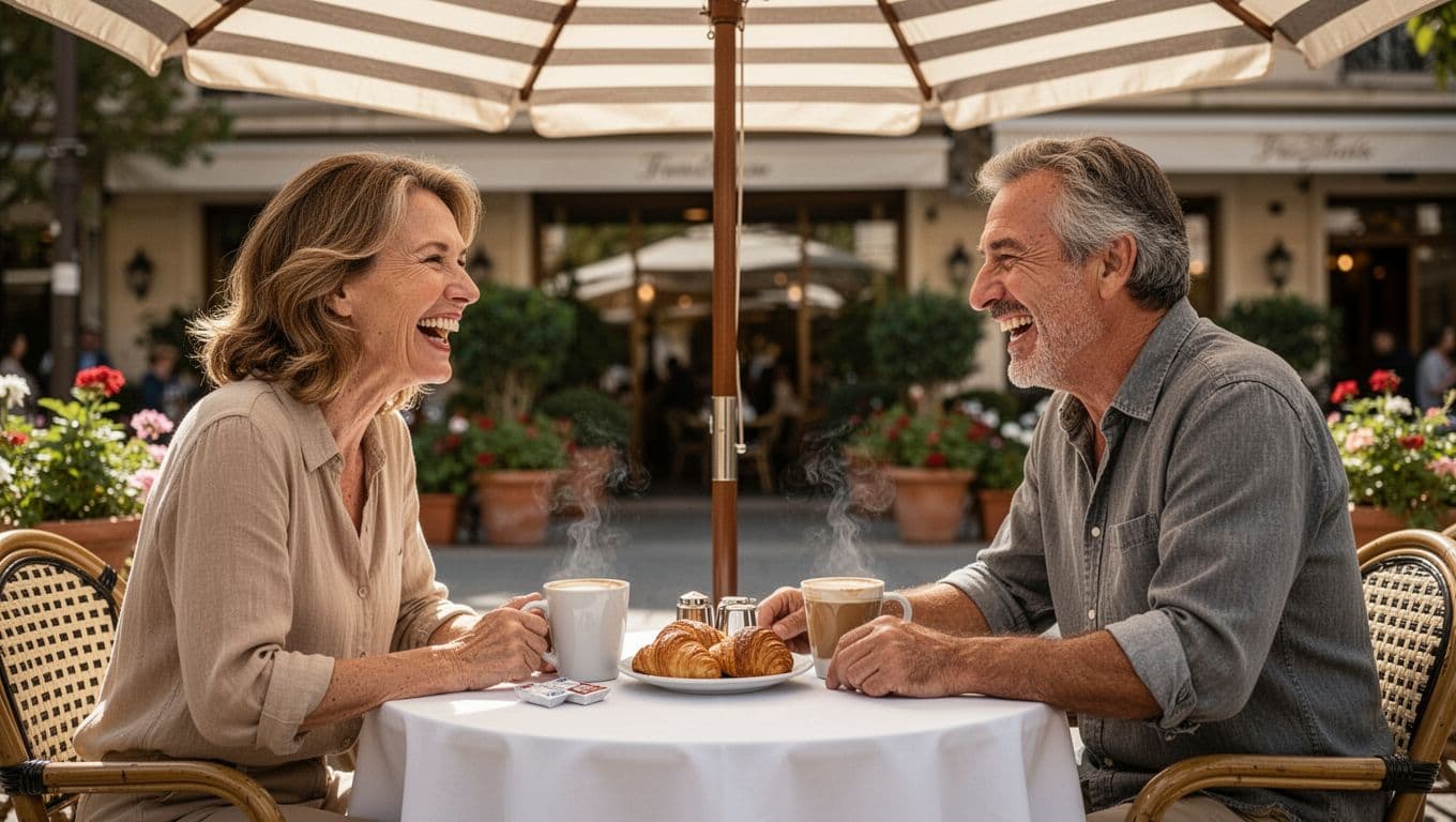Hyperrealistic image of two middle-aged adults, a woman and a man, sharing a genuine laugh across a small white-clothed bistro table under a striped umbrella at a sunny cafe patio, with steaming coffee mugs and pastries on the table, their hands inches apart.