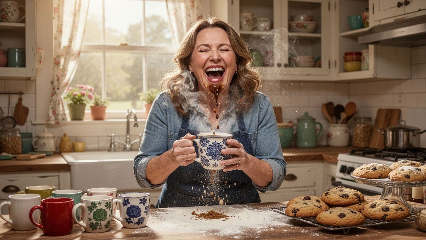 Hyperrealistic cinematic image of a woman in her 40s laughing heartily while spilling coffee in a quirky small-town kitchen with mismatched mugs, fresh baked goods, and bright morning light.