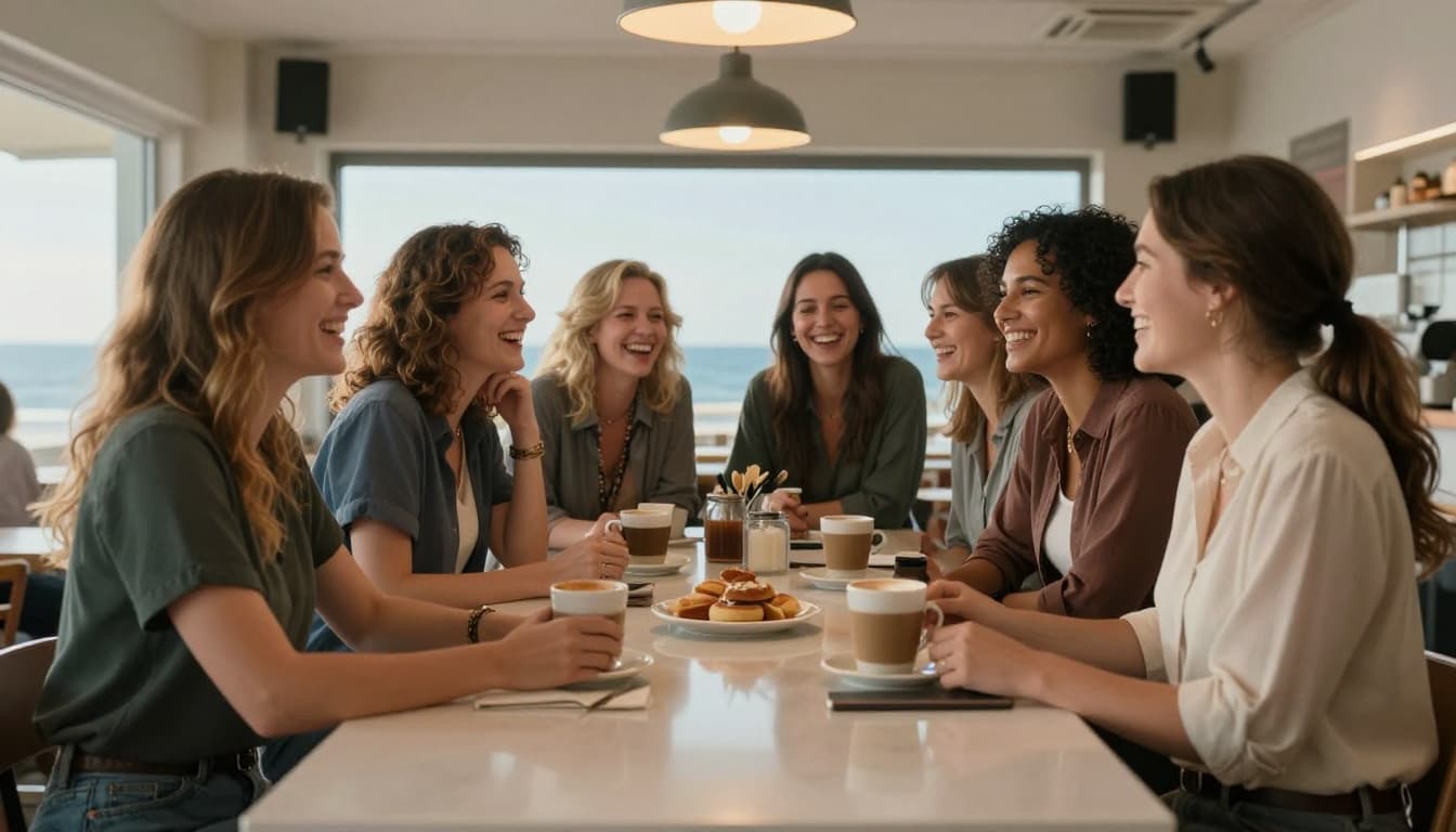 Hyperrealistic cinematic image of a group of women coworkers laughing together behind the counter of a busy coastal cafe during a break, with coffee cups, pastries, and warm indoor light.