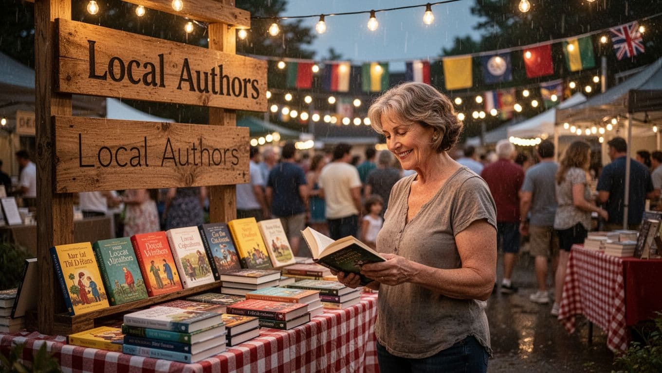 Hyperrealistic photorealistic image of a bustling small-town festival booth at evening under warm golden string lights, featuring a 'Local Authors' sign, colorful books on checkered tables, and a focused middle-aged woman smiling while browsing books in light rain.