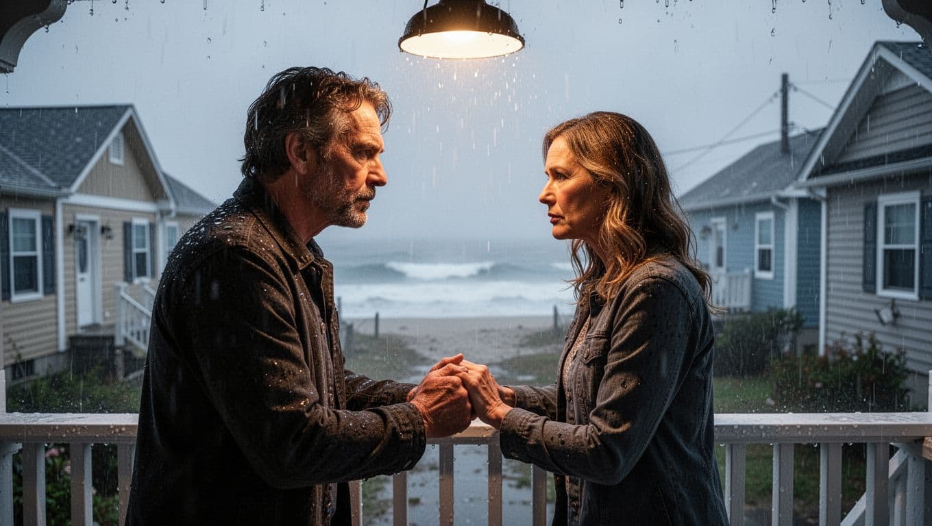 Hyperrealistic cinematic scene of a couple in their 40s sharing intense eye contact and longing expressions on a rainy porch in a small coastal town, hands almost touching on the railing under dim light, misty ocean in background.
