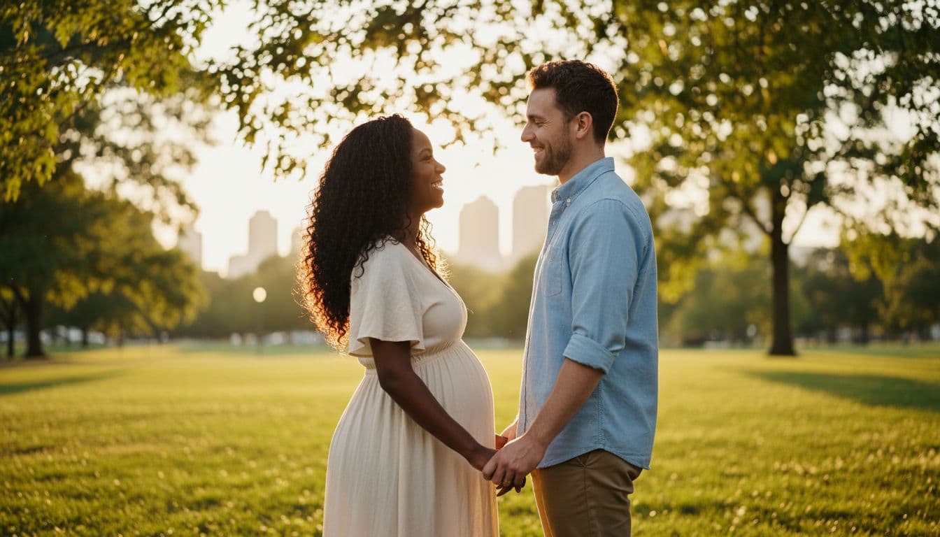 Hyperrealistic cinematic image of a Black woman and white man, an interracial couple, standing closely in a sunlit park with her hand on her slightly pregnant belly, both smiling tenderly in golden hour light.