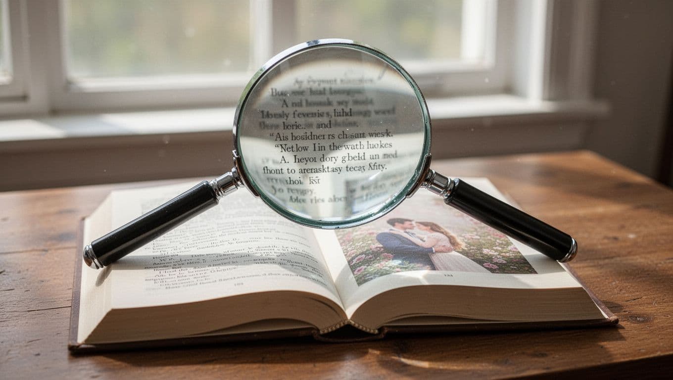 Hyperrealistic, photorealistic image of a large magnifying glass hovering over an open hardcover book page on a wooden desk, magnifying fine print details of a subtle romantic scene. Soft natural window light illuminates the scene with shallow depth of field.