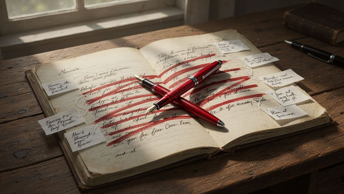 Hyperrealistic, photorealistic cinematic landscape of a detailed manuscript page spread on a rustic oak desk in soft morning sunlight, with a single red fountain pen diagonally across bold red ink strikethroughs and subtle margin notes.