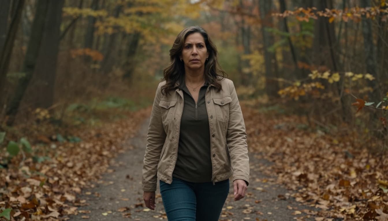 Hyperrealistic cinematic image of a woman in her 50s walking alone on an autumn path through woods after a breakup, exuding quiet strength with detailed natural elements and emotional expression.