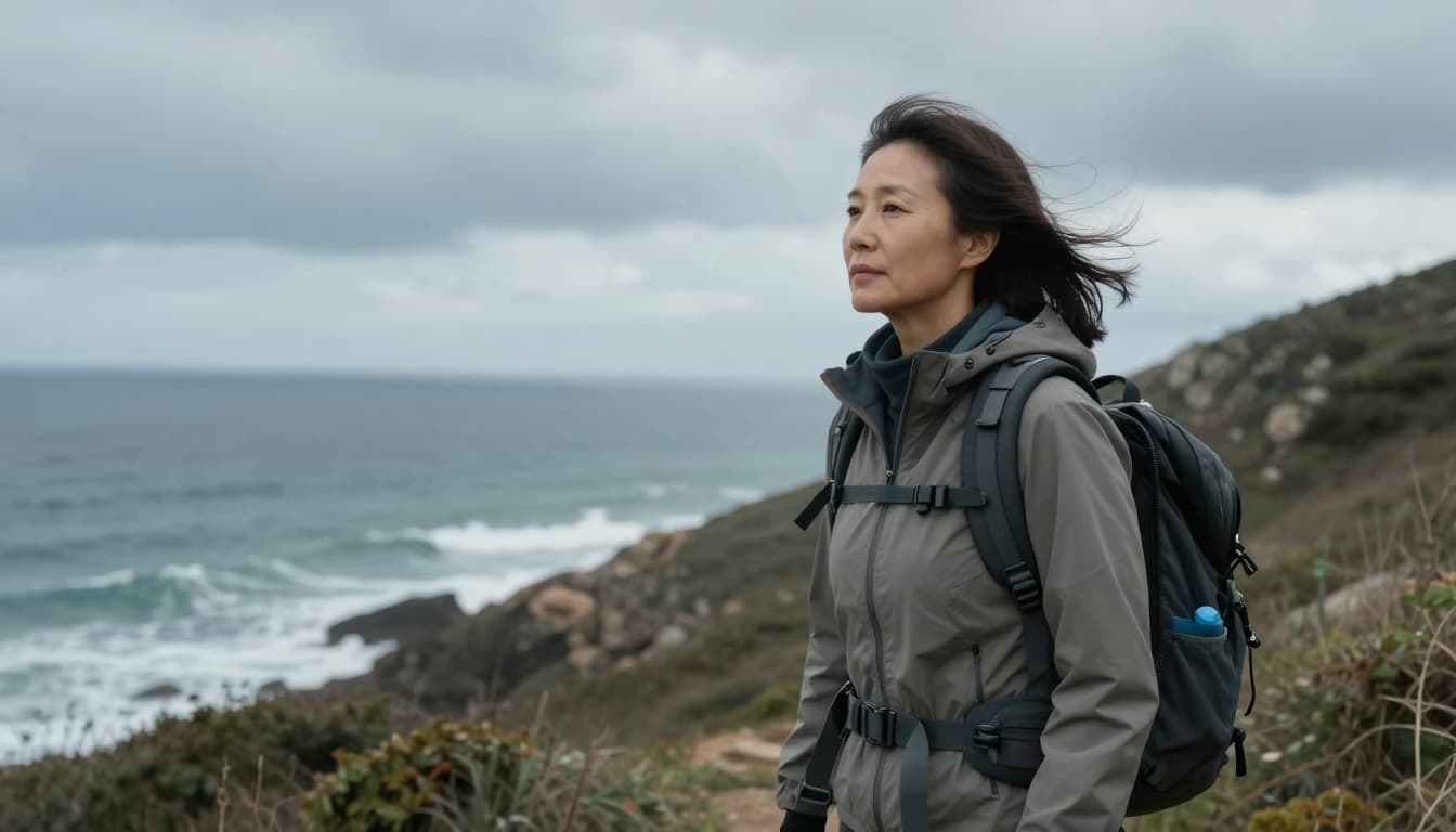 A mature woman in her 50s hikes a coastal trail, looking reflectively at the sea with wind in her hair and a backpack on, under a dramatic sky evoking personal growth and renewal.