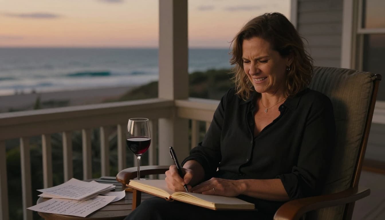 Hyperrealistic cinematic scene of a woman in her 40s on a wooden porch with ocean view at sunset, scribbling angrily in her journal before pausing to laugh softly, glass of wine nearby, scattered notes, warm golden light capturing a humorous moment of release and self-respect.