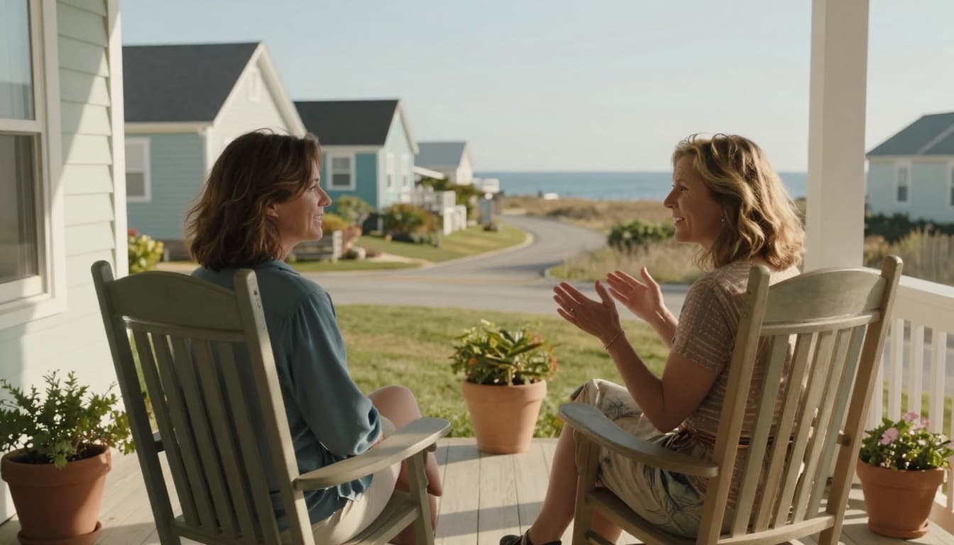 Two women in their 40s sitting on wooden porch chairs facing each other, engaged in heartfelt conversation with smiles and gestures, set against a small coastal town with pastel houses, ocean glimpse, potted plants, and rocking chairs on a sunny afternoon.
