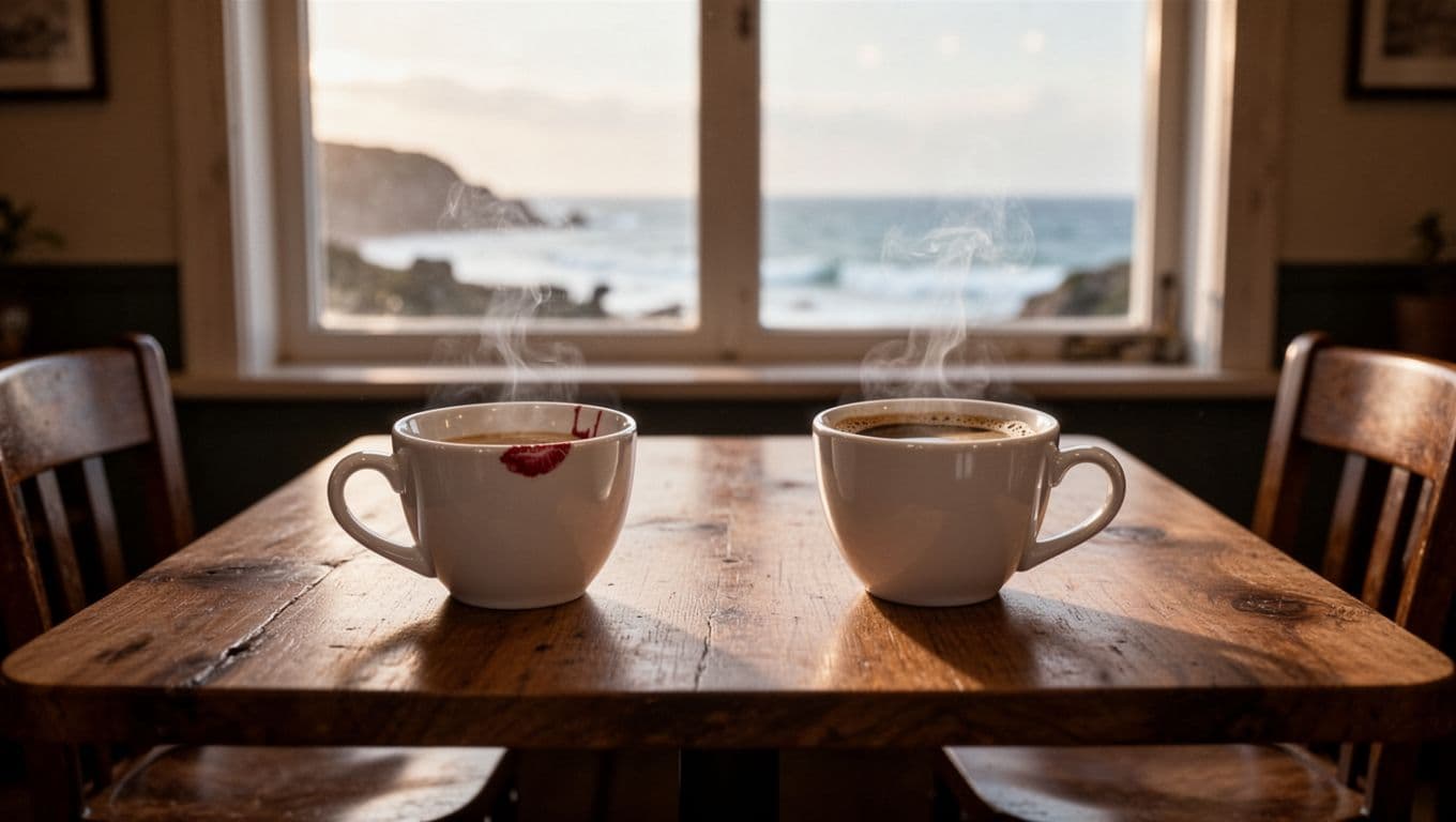 Hyperrealistic cinematic scene in a cozy cafe showing a wooden table with two white porcelain coffee cups opposite each other—one half-empty with a faint red lipstick mark, the other full with subtle steam rising—empty chairs, soft morning light through a window with blurred coastal view, intimate melancholic mood, no people.
