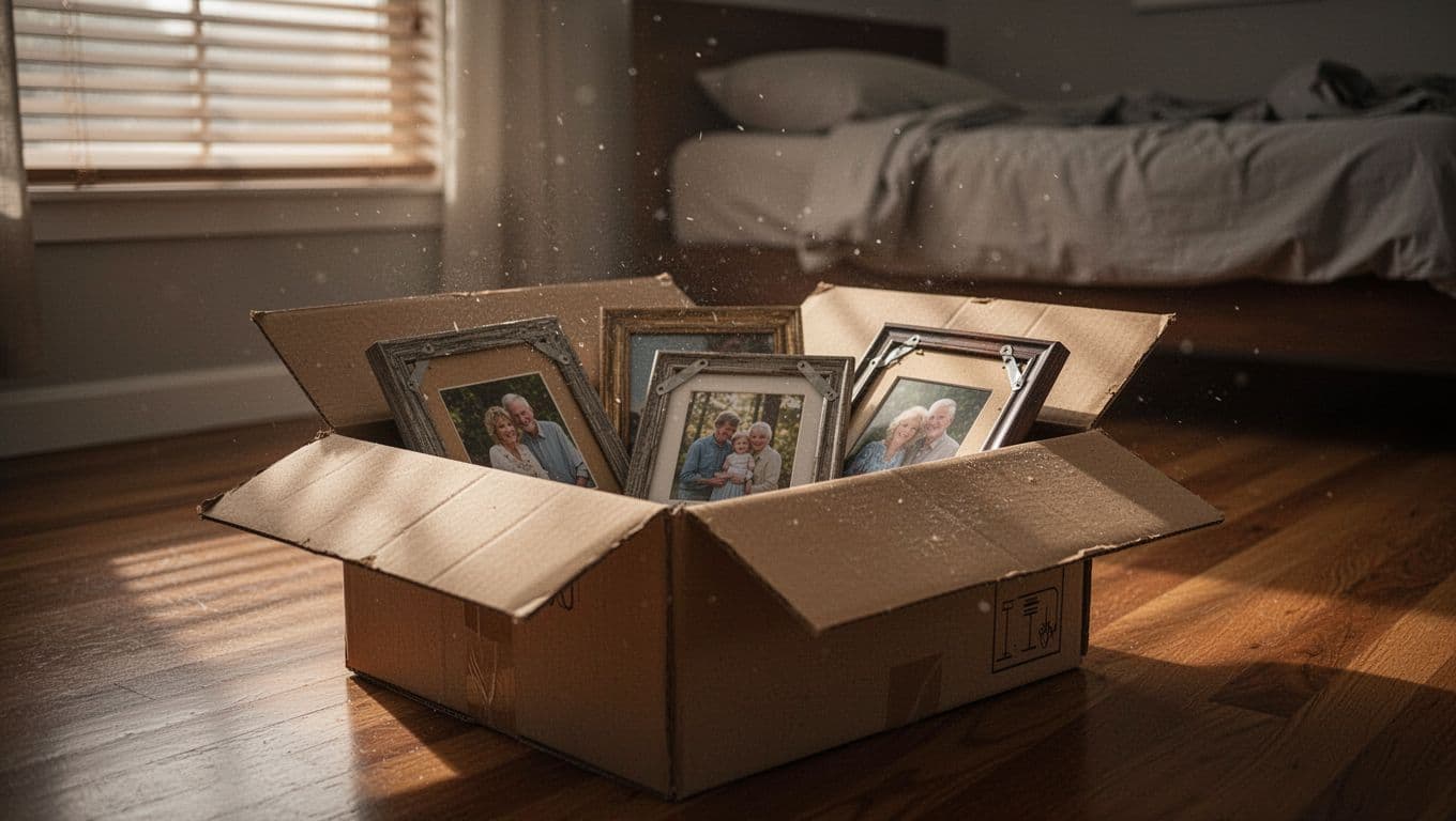 Hyperrealistic image of an open cardboard box on a hardwood bedroom floor, containing framed family photos deliberately turned face down, bathed in soft morning light through half-closed blinds with subtle dust motes and a blurred empty bed in the background.