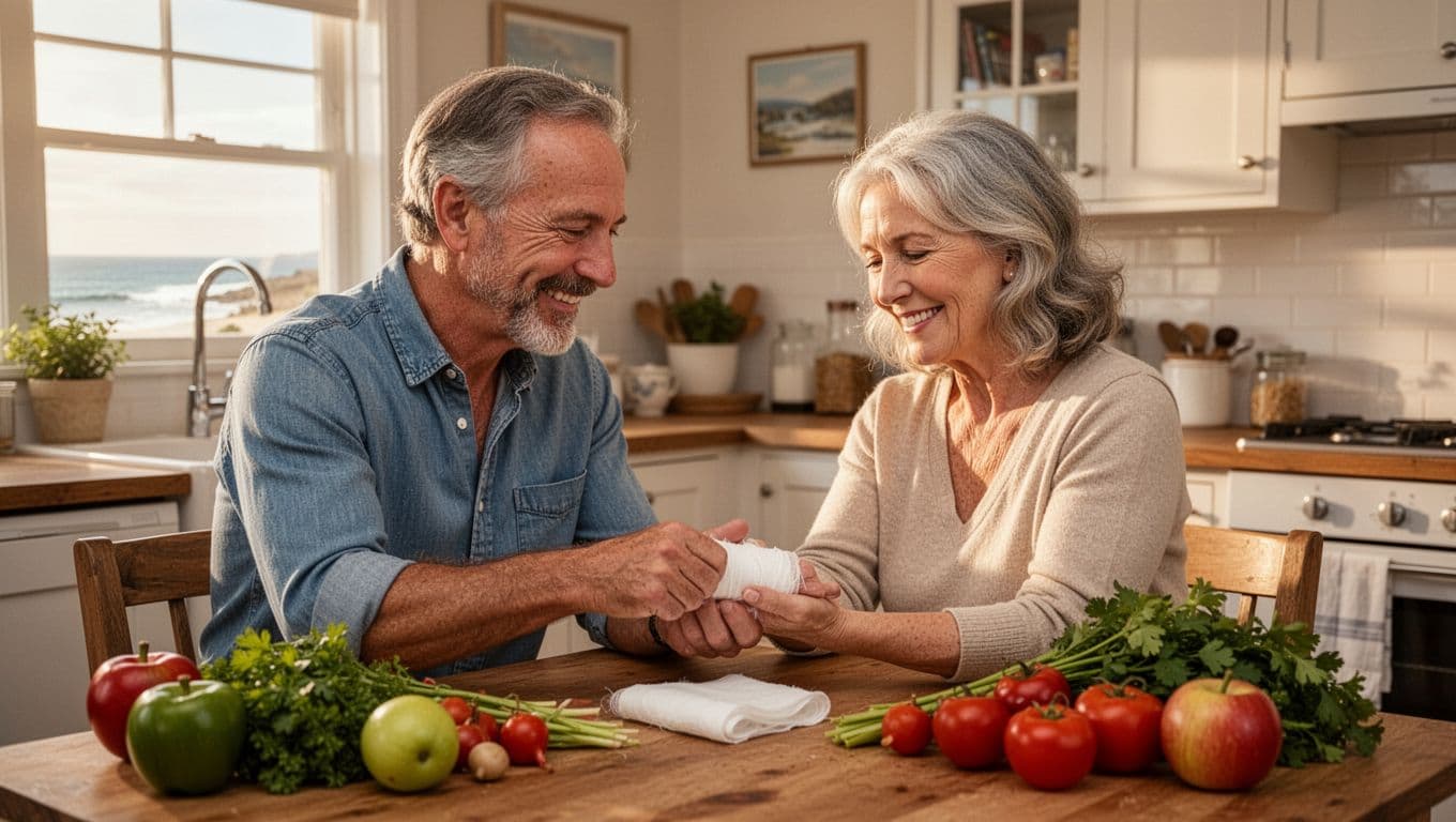 Hyperrealistic cinematic image of a middle-aged couple in a cozy coastal town home, with the man gently bandaging the woman's hand at the kitchen table amid fresh ingredients, sharing warm smiles and mutual respect in soft afternoon light.