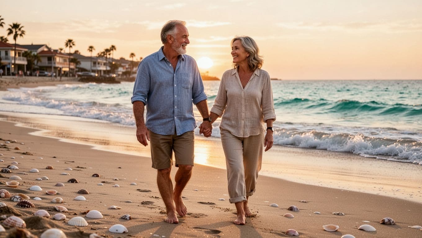 Hyperrealistic image of a middle-aged couple walking barefoot on a sandy beach at golden hour sunset, holding hands loosely and sharing a gentle knowing smile during a deep conversation, with calm turquoise ocean waves lapping the shore and scattered seashells.