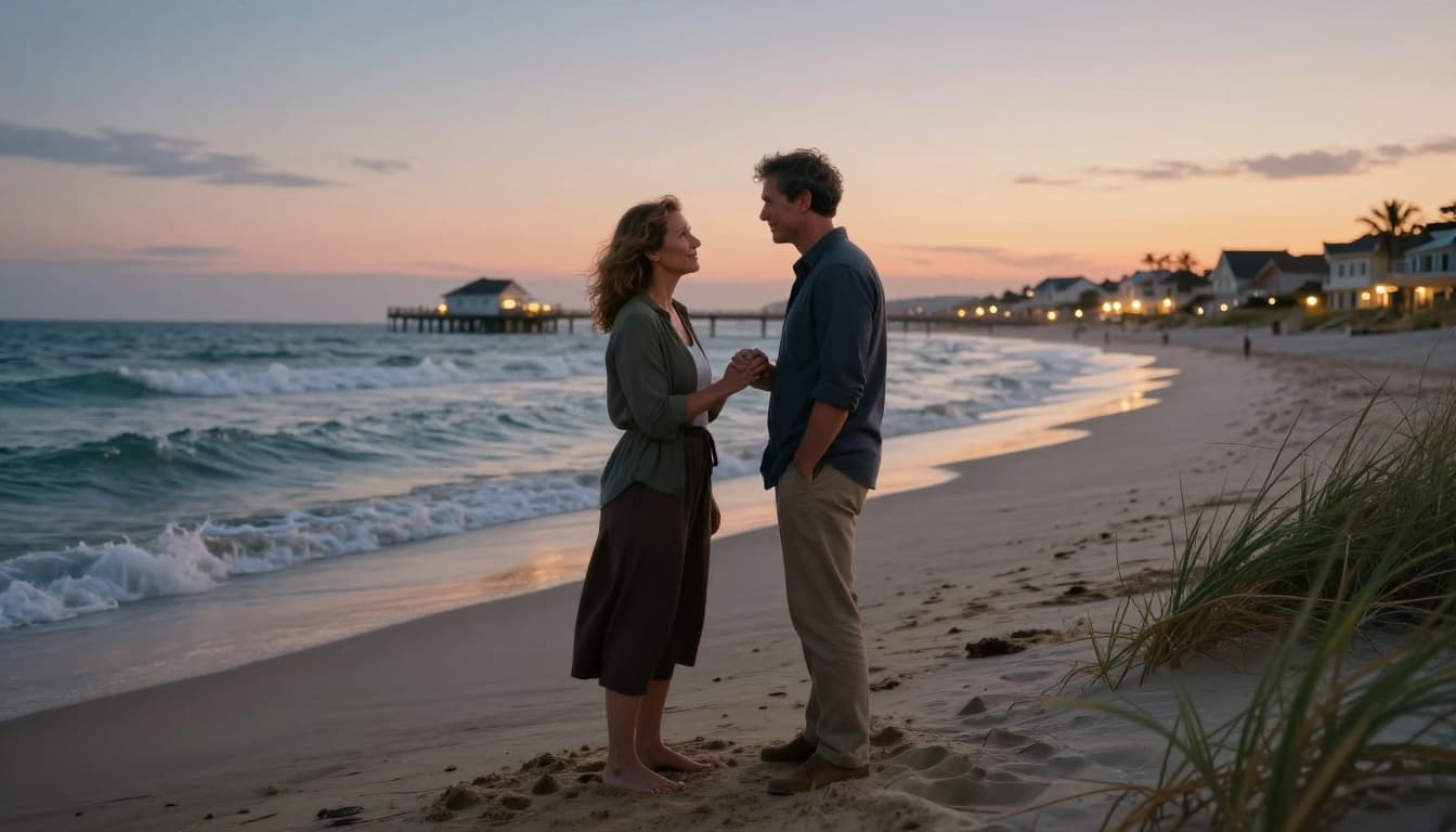 Hyperrealistic cinematic landscape of a middle-aged couple standing close on a sandy beach at golden hour sunset, facing each other with gentle smiles and a tentative hand touch, surrounded by ocean waves, sea grass, and a distant glowing beach town.