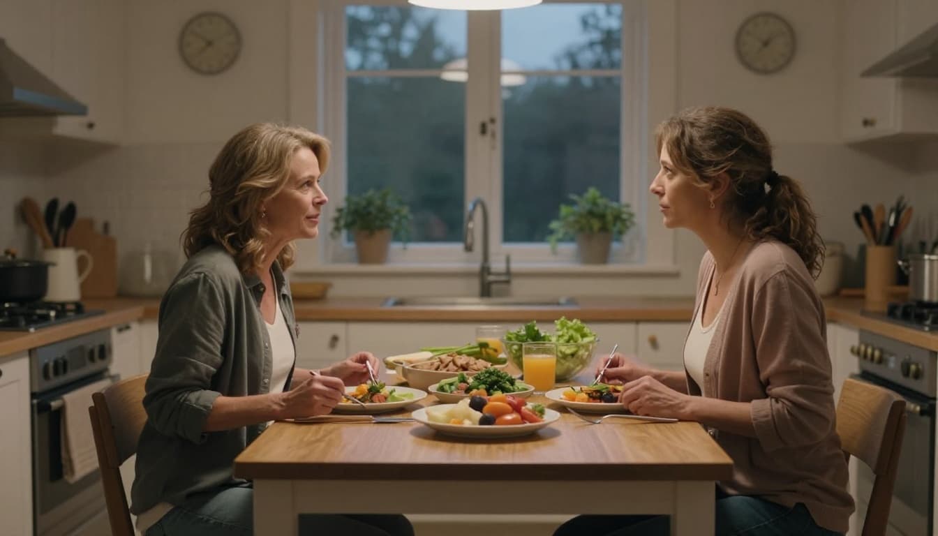 Hyperrealistic cinematic scene of two women in their 40s cooking dinner together in a cozy apartment kitchen after a long day, transitioning from awkward to caring with relaxed expressions and soft evening light.