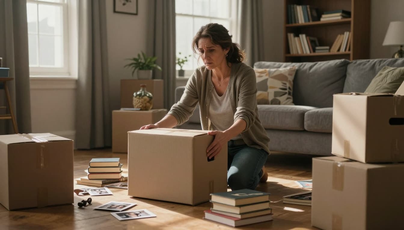 Hyperrealistic cinematic scene of a middle-aged woman packing boxes in a cozy living room, looking determined yet emotional with sunlight streaming through windows, scattered books and photos on warm wooden floors.