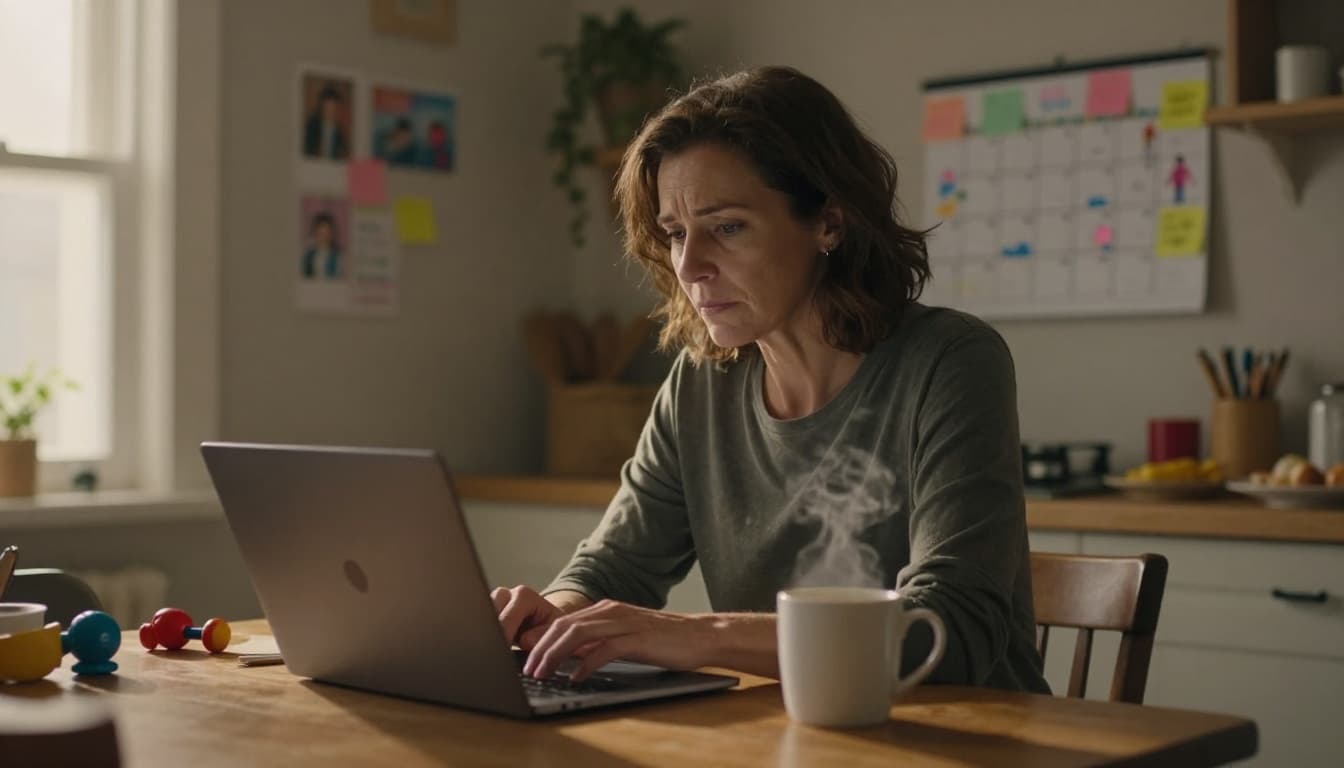 A photorealistic image of a tired middle-aged woman typing on her laptop at a cluttered kitchen table, sipping coffee, with family calendar and toys in the warm morning light.