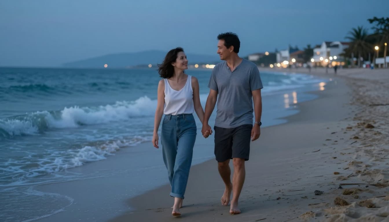 A hyperrealistic photorealistic image of a midlife couple walking barefoot hand-in-hand along a serene sandy beach at twilight, with soft waves at their feet and distant town lights twinkling.