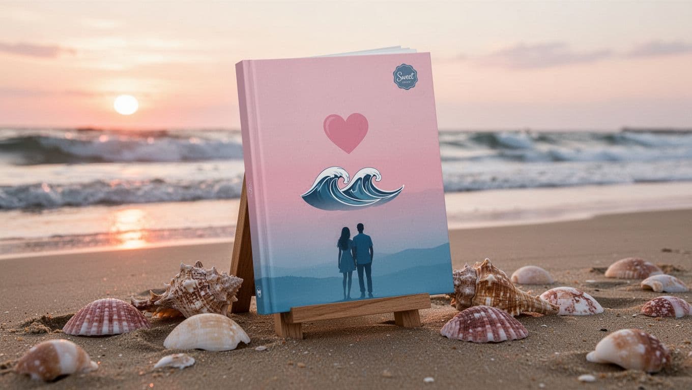 Hyperrealistic cinematic landscape featuring a minimalist book cover mockup propped against seashells on a sandy beach at sunset, with icons of a heart, intertwined waves, and a distant silhouette couple on a soft pink-blue gradient background, tiny 'Sweet' badge, wooden stand, and serene ocean waves.