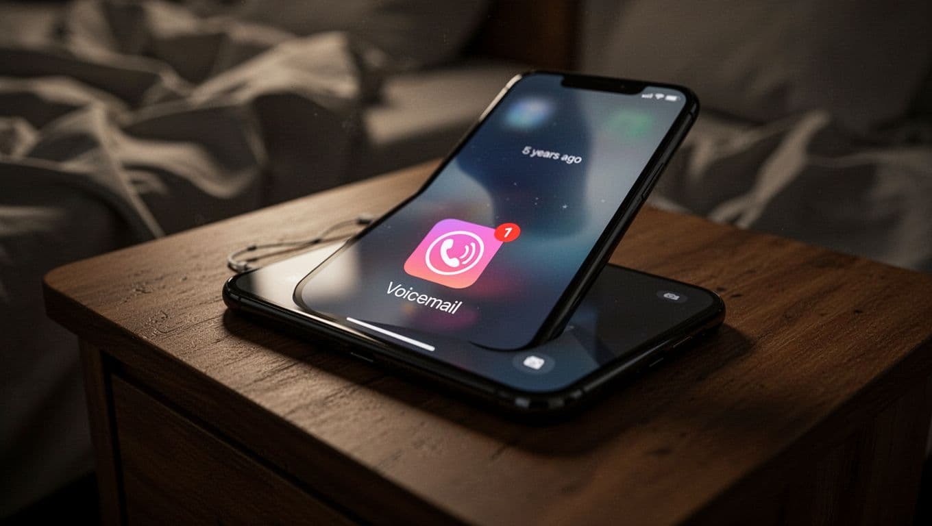 Hyperrealistic close-up of a smartphone screen on a wooden nightstand displaying a voicemail app with a missed call notification from five years ago at 2:17 AM, in dim bedroom lighting with blurred rumpled bedsheets evoking tension and nostalgia.