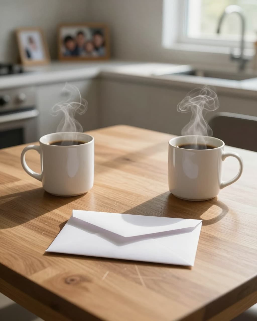 Modern suburban kitchen table in soft morning light with two ceramic mugs of steaming black coffee and a centered unopened white envelope casting a subtle shadow. Faint scratches on the wooden surface, clean counters, and family photos in the background create a sense of quiet anticipation.