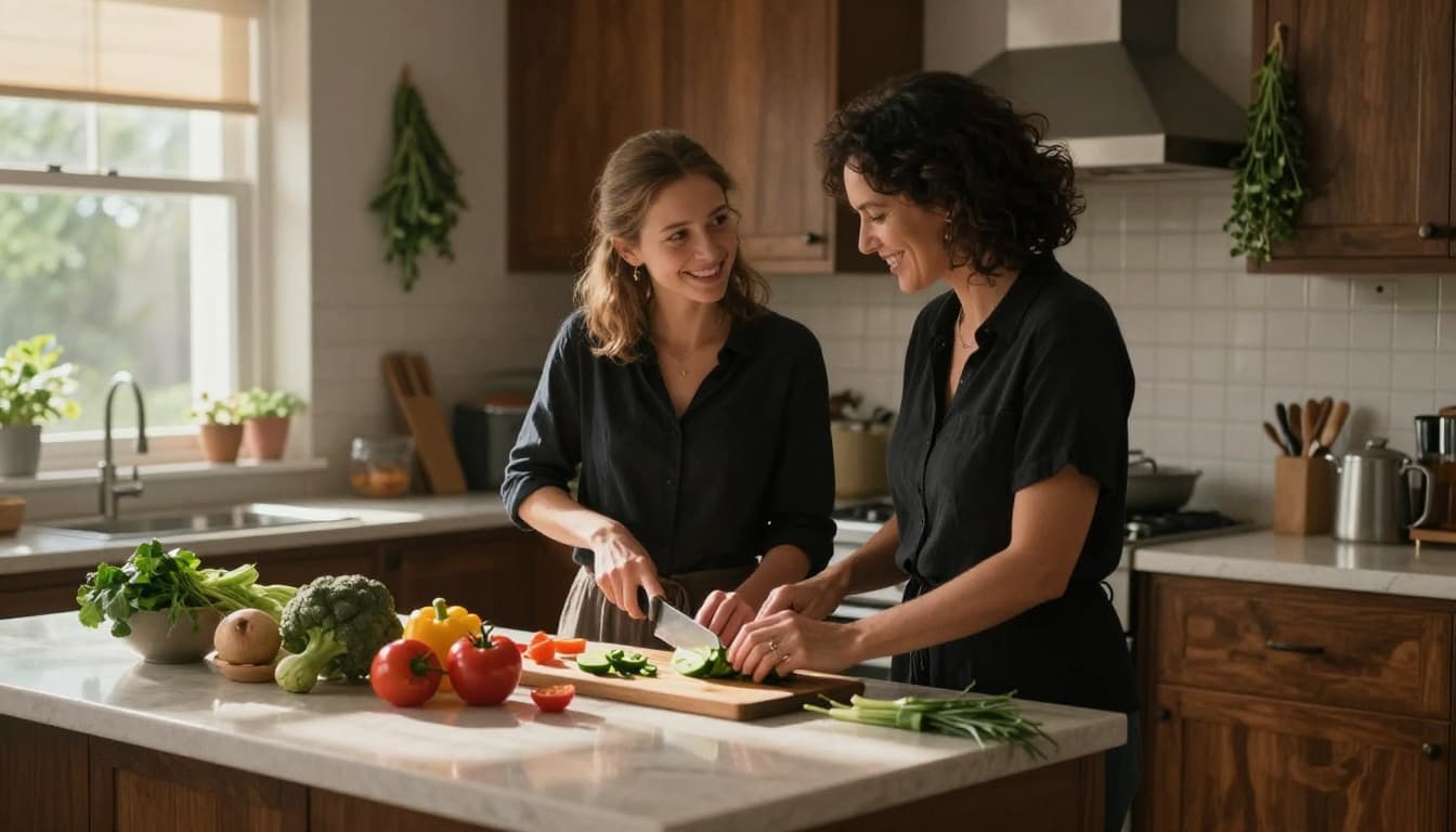 Hyperrealistic cinematic kitchen scene of a mother and adult daughter chopping vegetables side by side at a sunlit island counter, surrounded by fresh ingredients, sharing smiles in a warm family moment.