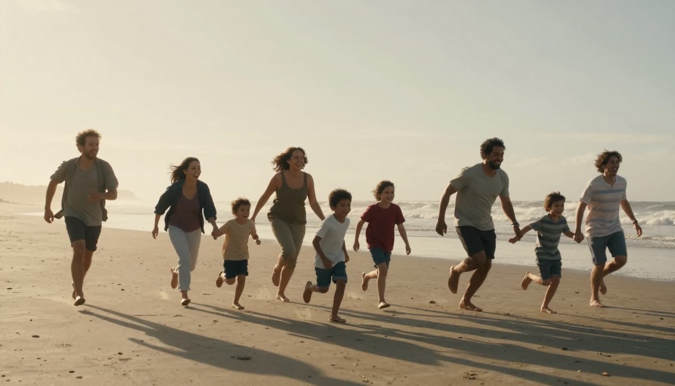 Hyperrealistic cinematic scene of multiple generations of a family running, playing, and laughing on a wide beach at golden hour, with dynamic movement, detailed waves, and sweeping landscapes.