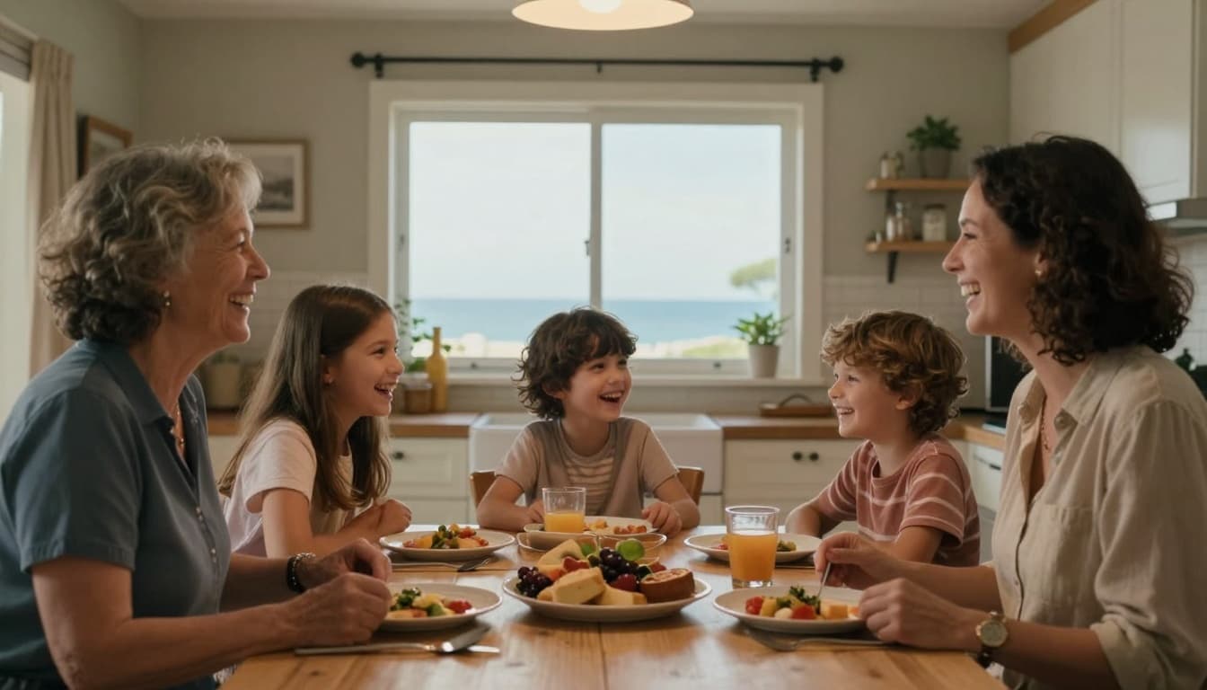 Hyperrealistic family portrait of grandmother, mother, daughter, and young child laughing around a kitchen table in a coastal home with warm lighting and sea view window.