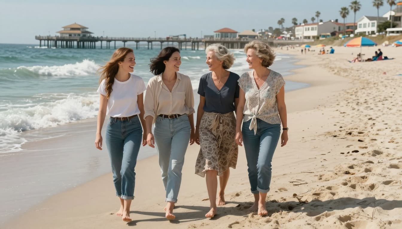 Hyperrealistic image of four women of different ages walking barefoot along a sunny beach shoreline, laughing and talking closely, with ocean waves, pier, and umbrellas in the background.