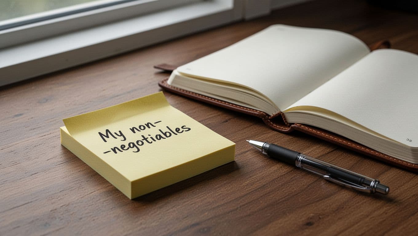 Hyperrealistic close-up of a wooden desk surface with a yellow sticky note pad bearing 'My non-negotiables' on the top note, an open blank leather-bound journal, and a nearby ballpoint pen under soft natural light.
