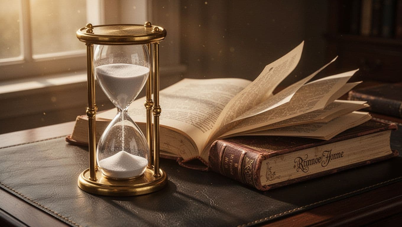 Hyperrealistic cinematic landscape of a classic golden-framed glass hourglass with nearly depleted white sand beside an open thick hardcover romance novel on a dark leather desk, bathed in warm golden hour sunlight with long shadows evoking urgency.