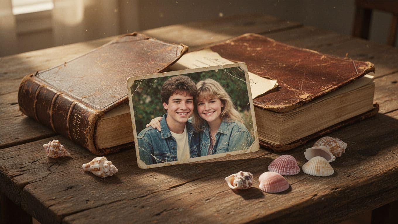 Hyperrealistic close-up on a rustic wooden table showing a faded 90s photograph of a smiling young couple tucked halfway into an open vintage leather-bound book, with scattered seashells beside it, illuminated by soft golden hour sunlight casting gentle shadows.