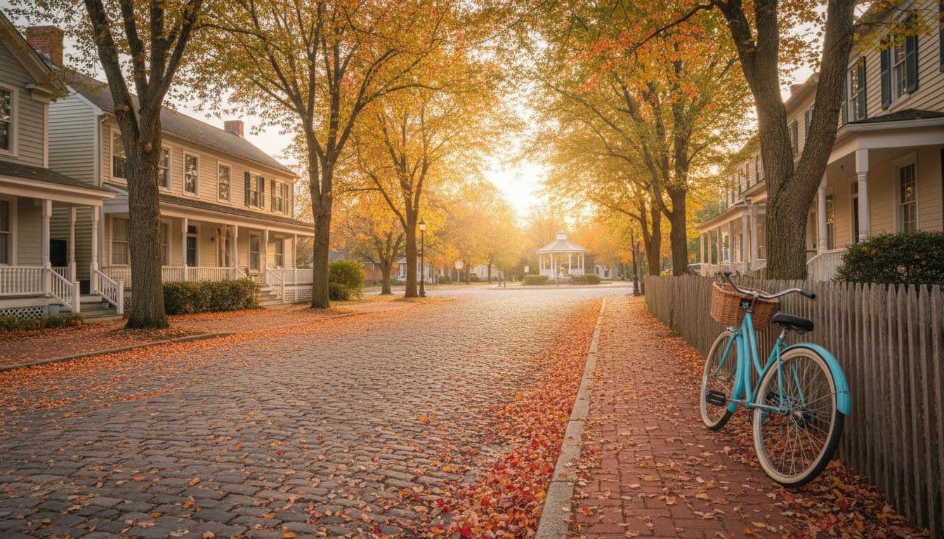 A classic bicycle leans against a weathered wooden fence beside a quiet path covered in fallen amber leaves. Soft golden hour sunlight filters through nearby trees to create a peaceful atmosphere.