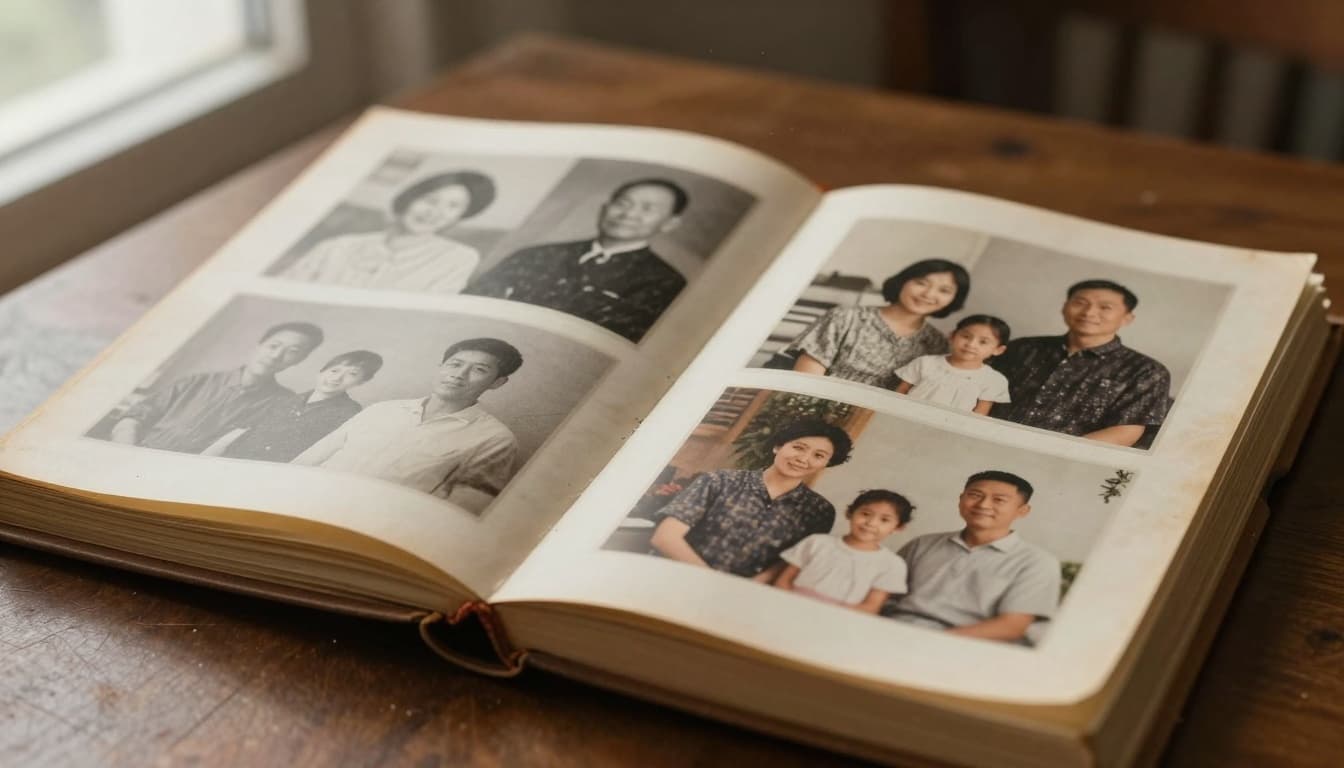 Hyperrealistic image of an open vintage family photo album on a wooden table, with black-and-white ancestor photos fading into modern color family photos, illuminated by soft window light with dust motes.