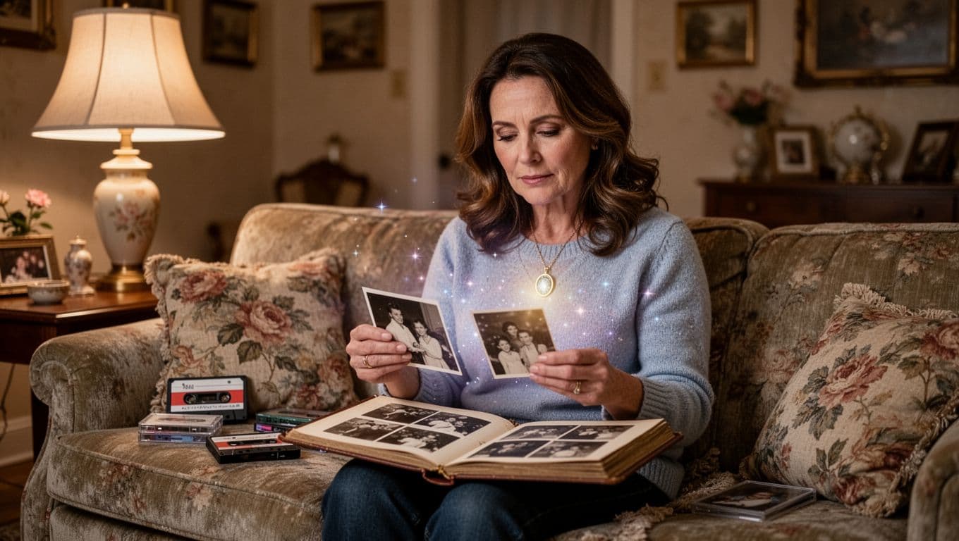 Hyperrealistic image of a woman in her 40s sitting on a 90s style couch surrounded by nostalgic items like cassette tapes and an open photo album, with a dreamy expression, soft lamp light, and subtle magical glow from a locket in a cozy vintage living room.
