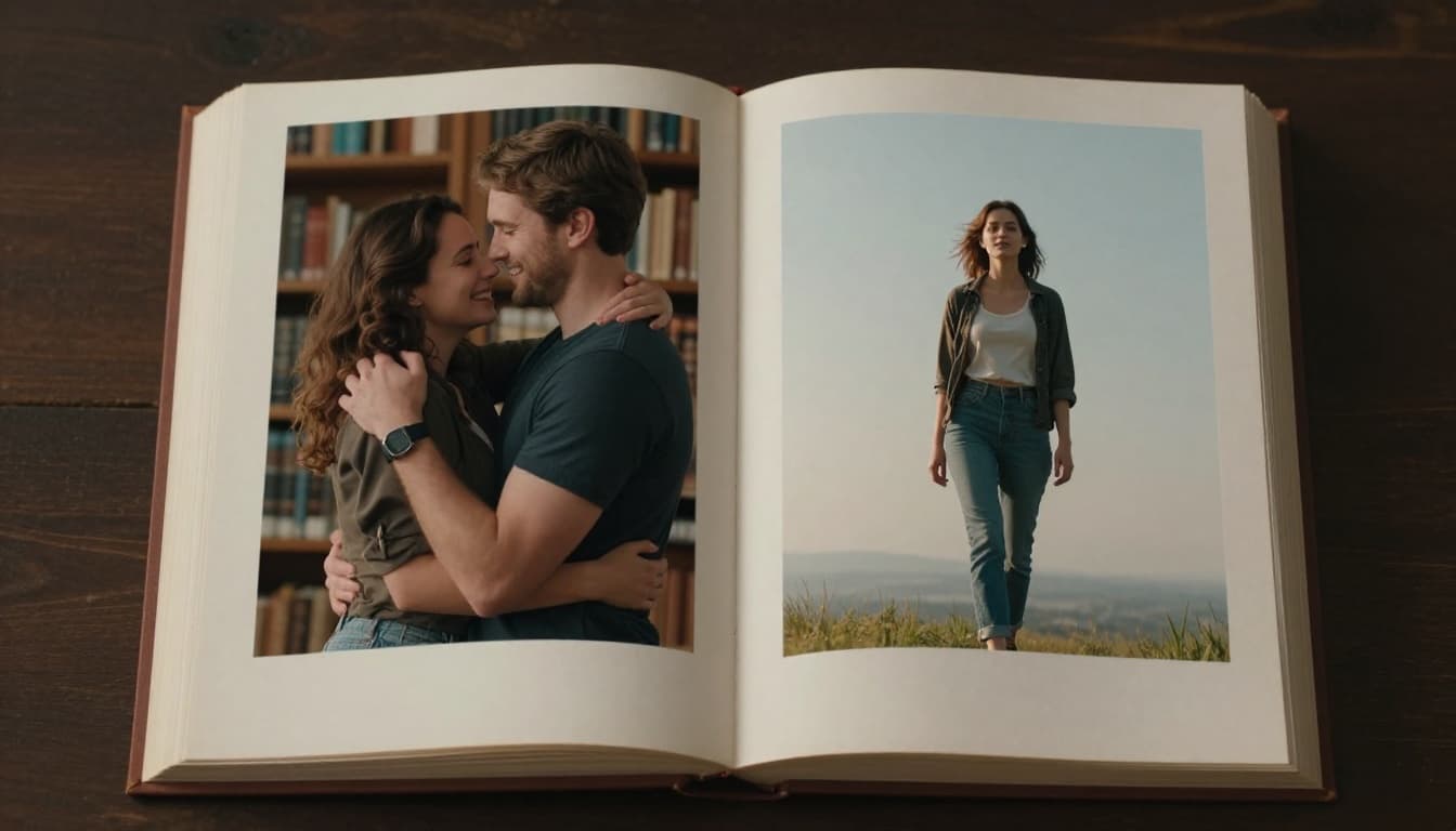 Hyperrealistic cinematic image of an open book in soft library lighting, with one page showing a joyful couple embracing and the other a confident woman walking toward the horizon, symbolizing happily ever after versus personal growth.