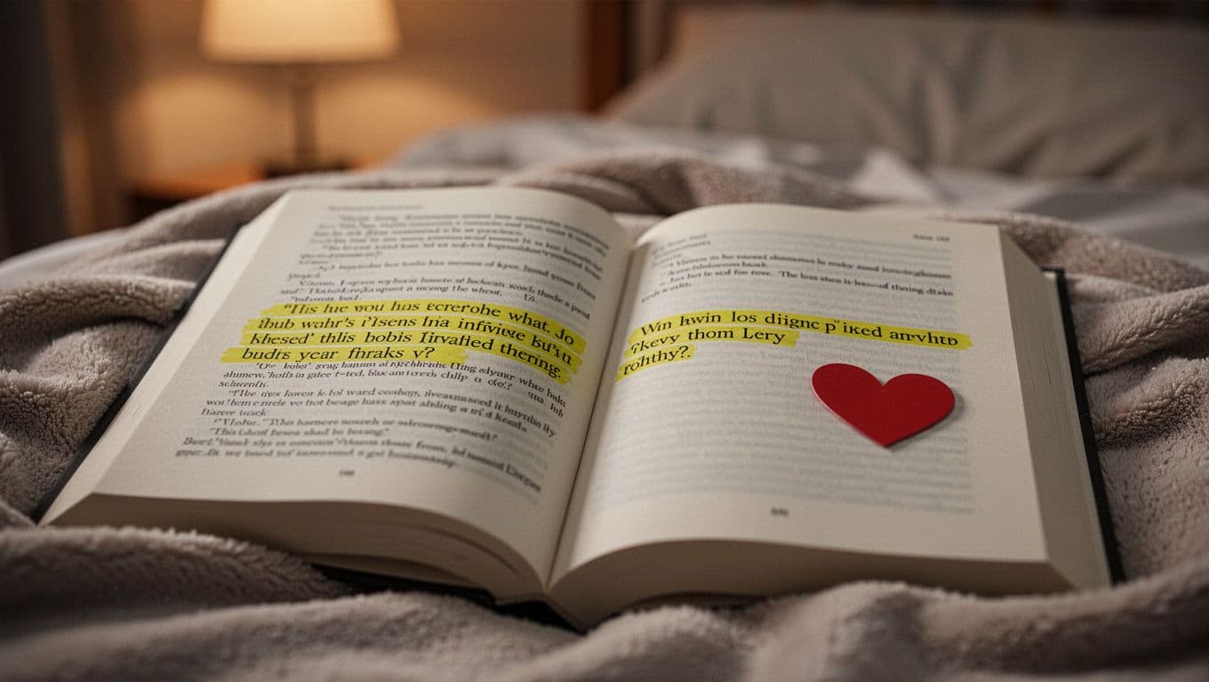 Hyperrealistic close-up of an open paperback book on a soft blanket, with a yellow marker highlight on a key sentence and a red heart-shaped sticker nearby, set in warm lamp light with a blurred cozy bedroom background.